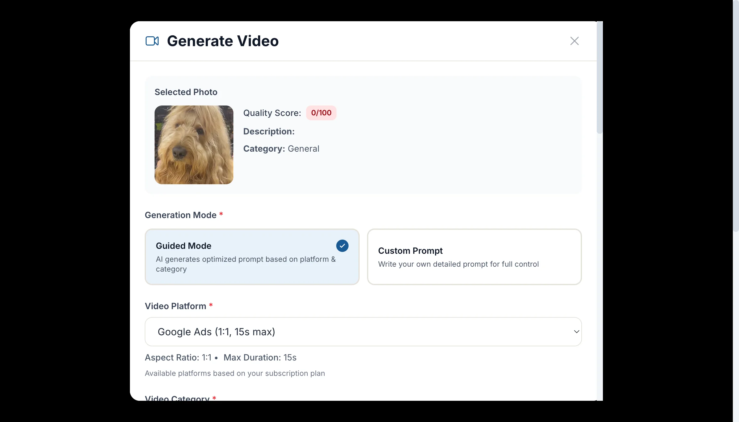Create Video - Select platform and video style